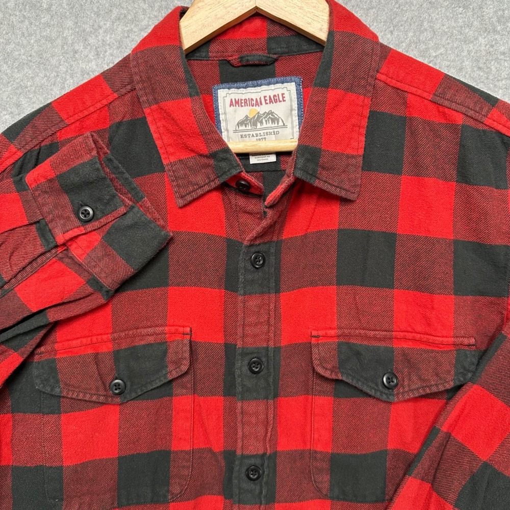 American‎ Eagle Mens XL Buffalo Plaid Flannel Button Down Shirt Red Black Cotton